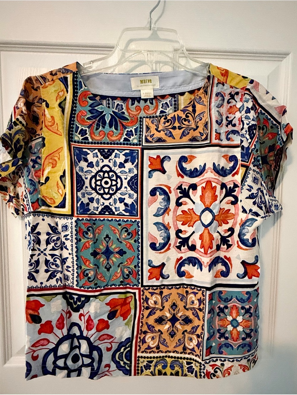 Anthropologie Tile-Print Short Sleeve Top in Blue, Orange, Yellow, Green